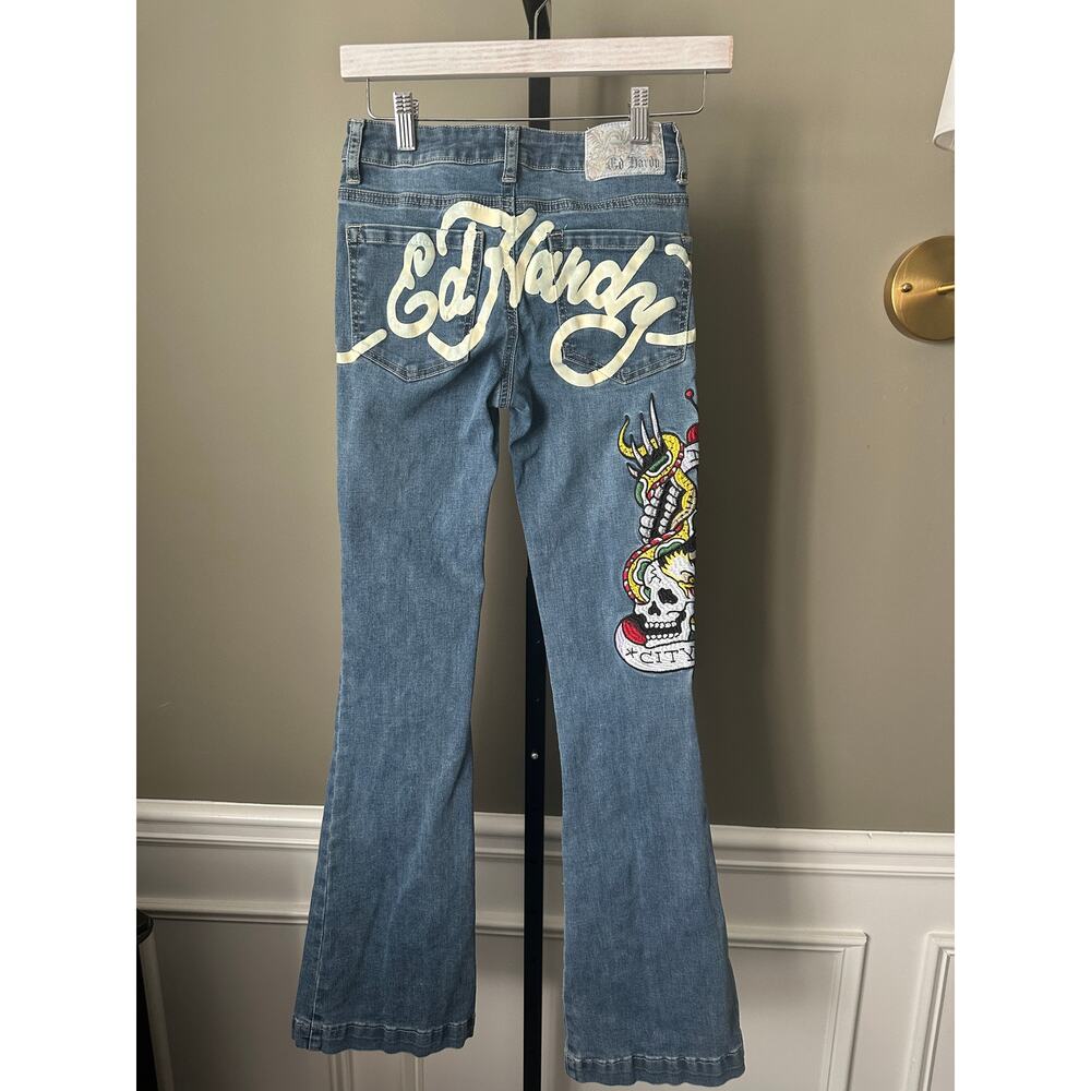 Ed Hardy Y2K Slim Fit Flare Jeans "New York" Dragon Embroidered Size 24 - Picture 3 of 9